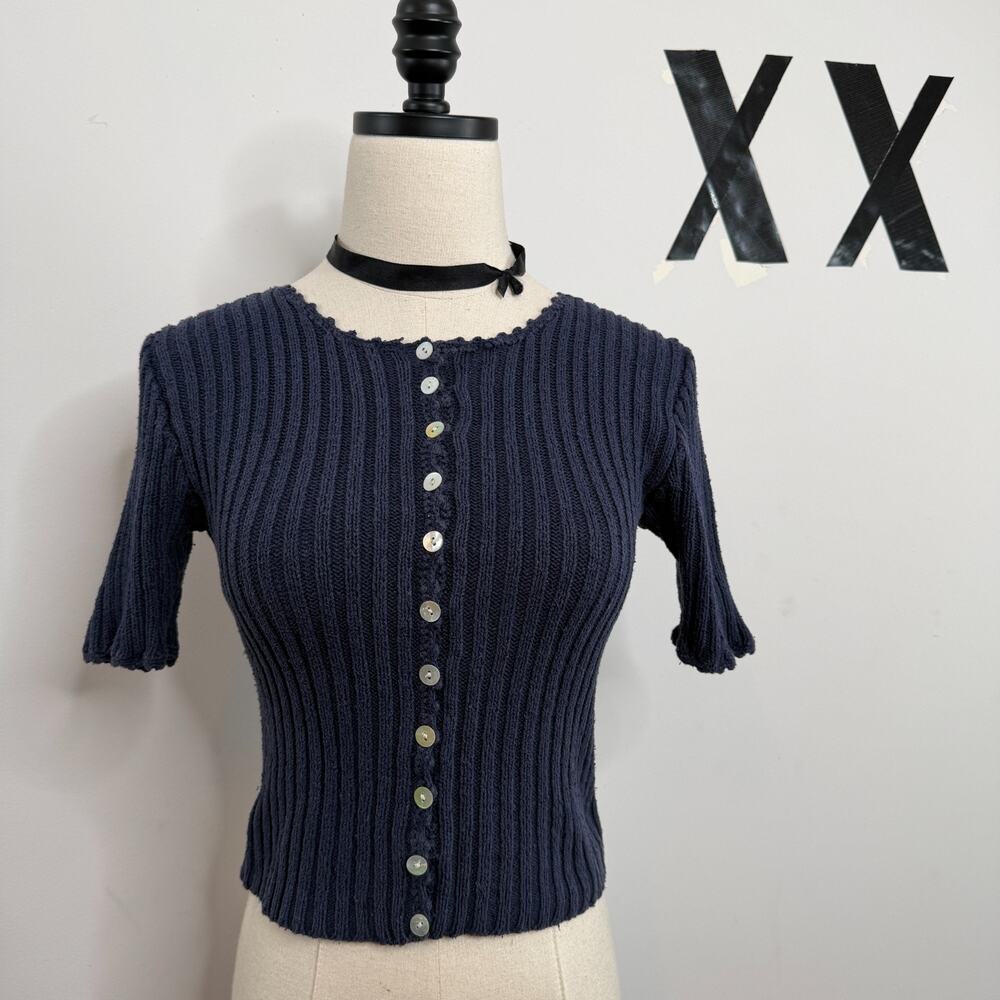 Vintage 90s Sostanza Navy Silk Blend Picot Edge Cropped Ribbed Cardigan Top M